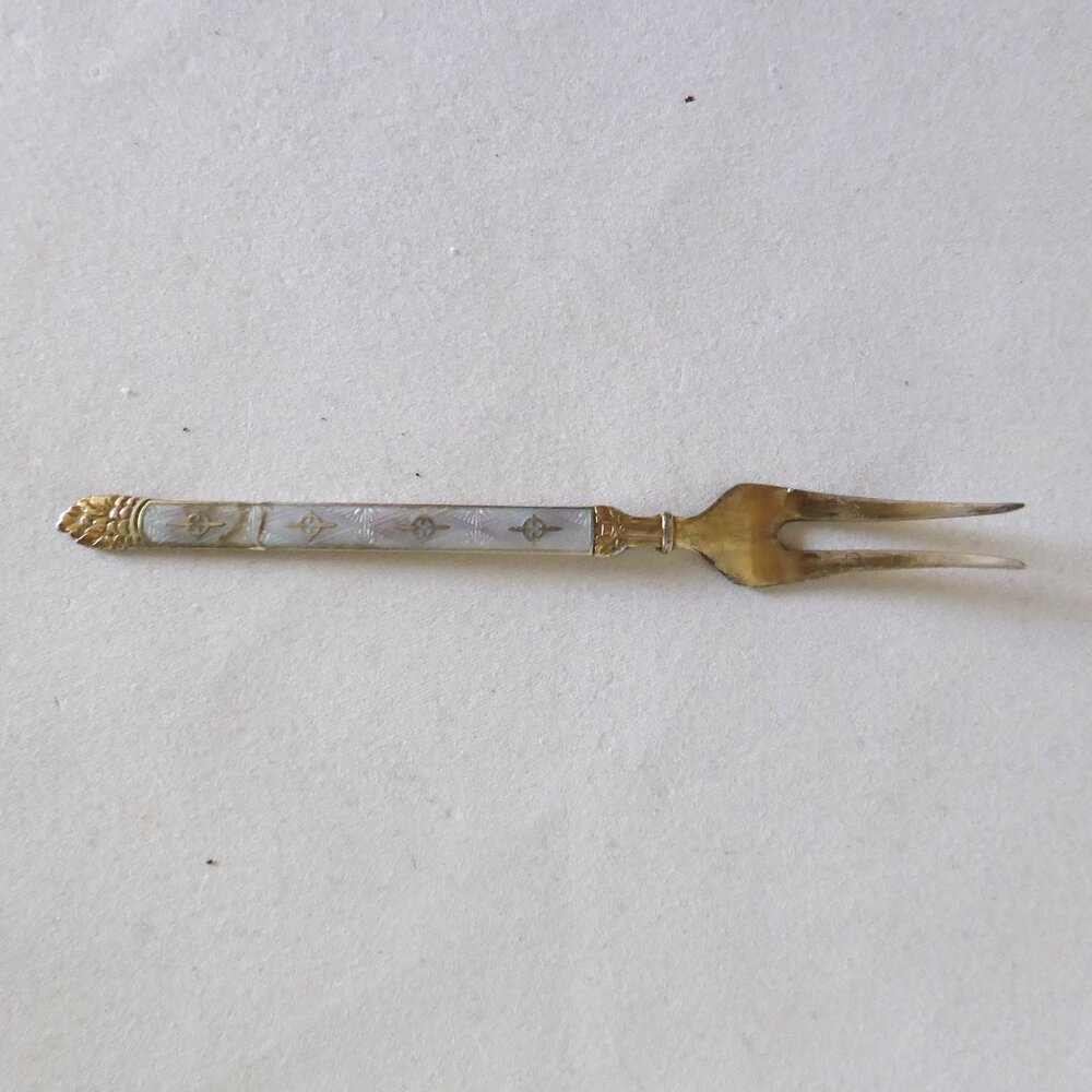 VINTAGE 4” HESTENES NORWAY STERLING SILVER ENAMEL GOLD PLATED APPETIZER FORK